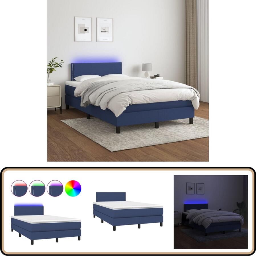 VidaXL Boxspring met LED en Matras Blauw 120x200 cm Boxspring Led Lamp Boxspring Frame Slaapcomfort Tweepersoons Bed Blue Bedroom Furniture King Size Bed