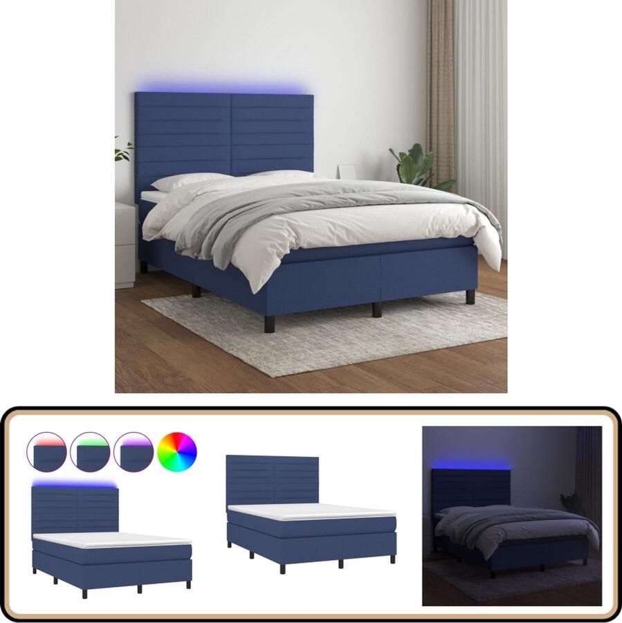 VidaXL Boxspring met LED en matras Blauw 140x200 cm Boxspring Led Bed Slaapcomfort Hoofdboard Blauwe Boxspring 140x200 Matras Usb Bed