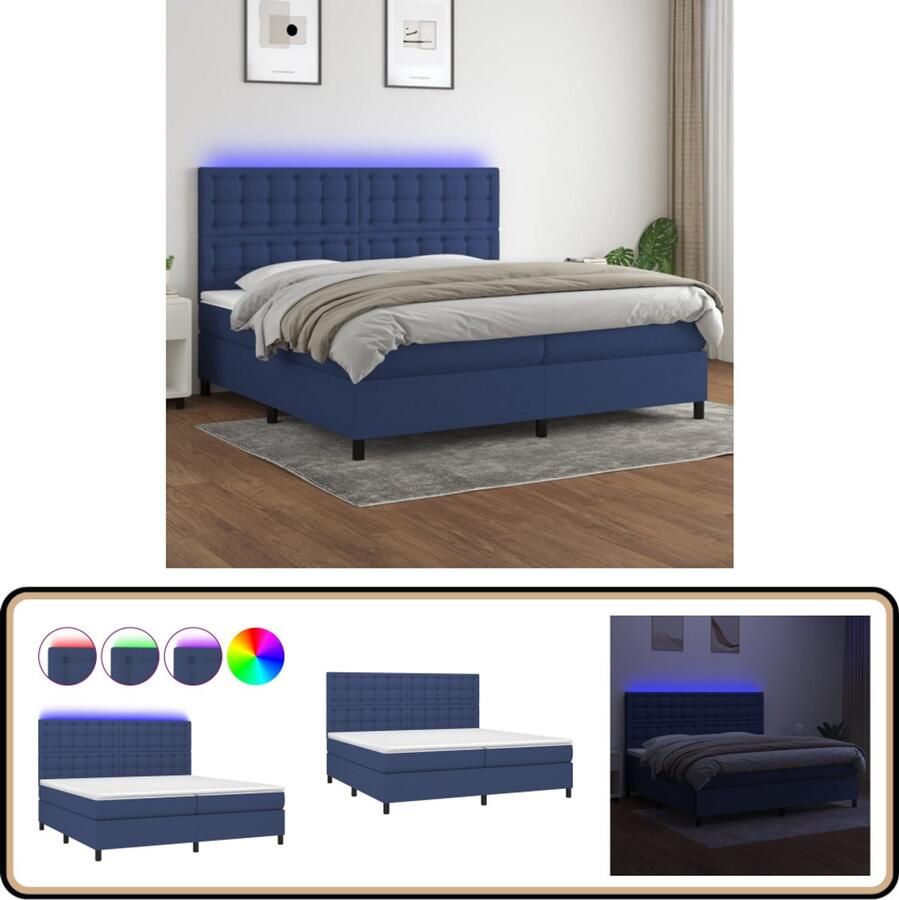 VidaXL Boxspring met LED en matras Blauw 200x200 cm Boxspring Led Bed Boxspring Frame Elektrisch Bed Slaapcomfort