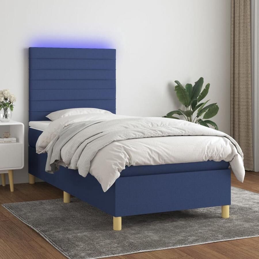 VidaXL Boxspring met LED en Matras Blauw 80x200 cm Boxspring Led Lamp Slaapcomfort Slaapkamers Boxsprings Lederlook Modern Trendy