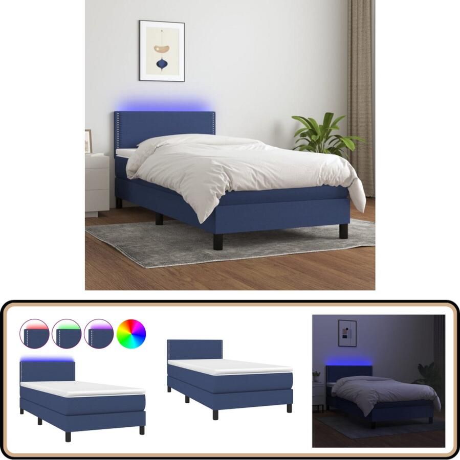 VidaXL Boxspring met LED en Matras Blauw 80x200cm Boxspring Bed Boxspring Led Bed Blauwe Boxspring Tweepersoons Bed Slaapcomfort Pocketed Veren Matras Huidgevend Topmatras