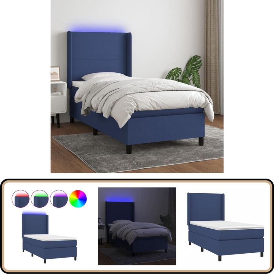 VidaXL Boxspring met LED en Matras Blauw 90x190 cm Boxspring Bed Led Lamp Slaapcomfort Pocketed Spring Mattress Hoofdbord Blauwe Boxspring Frame Bed