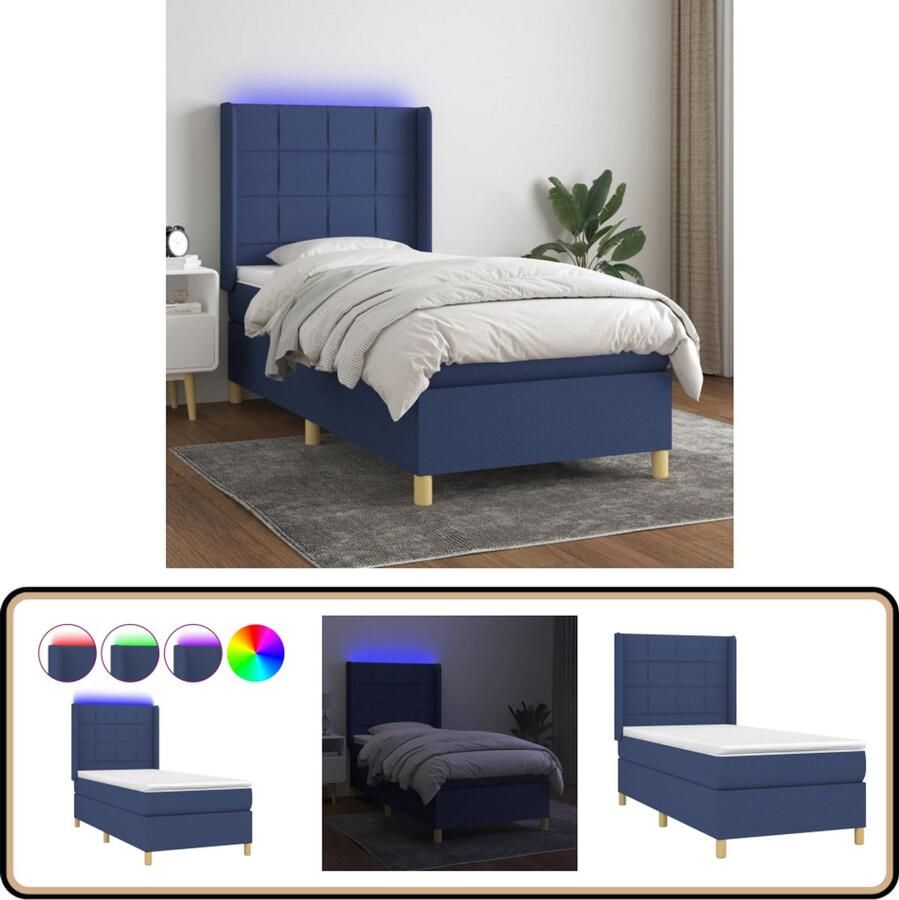 VidaXL Boxspring met LED en Matras Blauw 90x190 cm Boxspring Led Bed Slaapcomfort Pocketed Spring Mattress Frame Bed