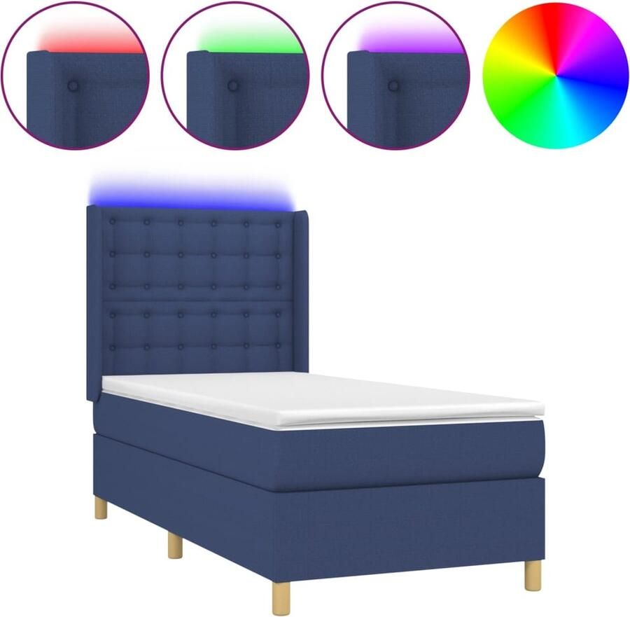 VidaXL Boxspring met LED en Matras Blauw 90x200 cm Boxspring Led Boxspring Met Led Blauwe Boxspring Tweepersoons Boxspring Pocketveer Matras Slaapcomfort Bedroom Decoratie - Foto 2