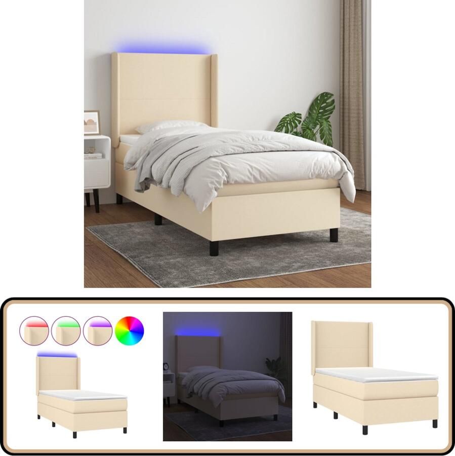 VidaXL Boxspring met LED en matras Crème 100x200 cm Boxspring Cremekleurig Led Lampje Verstelbare Hoofdbord Pocketveer Matras Slaapcomfort