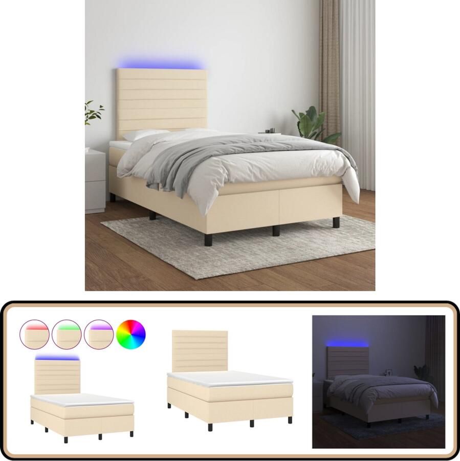 VidaXL Boxspring met LED en Matras crèmekleurig 120x200 cm Boxspring Led Lamp Pocketvering Cremekleurig Tweepersoonsbed
