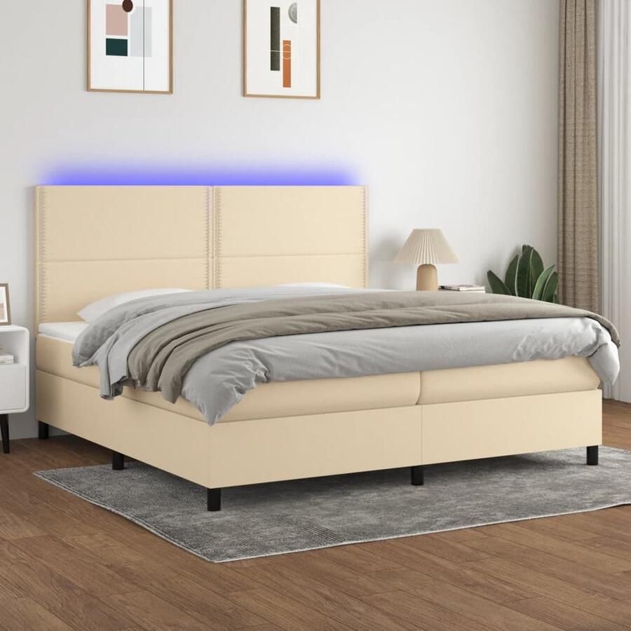 VidaXL Boxspring met LED en matras crèmekleurig 200x200 cm Boxspring Boxsprings Led Boxspring Creme Boxspring Slaapcomfort Pocketed Spring Mattress Adjustable Headboard Bedroom Furniture - Foto 3