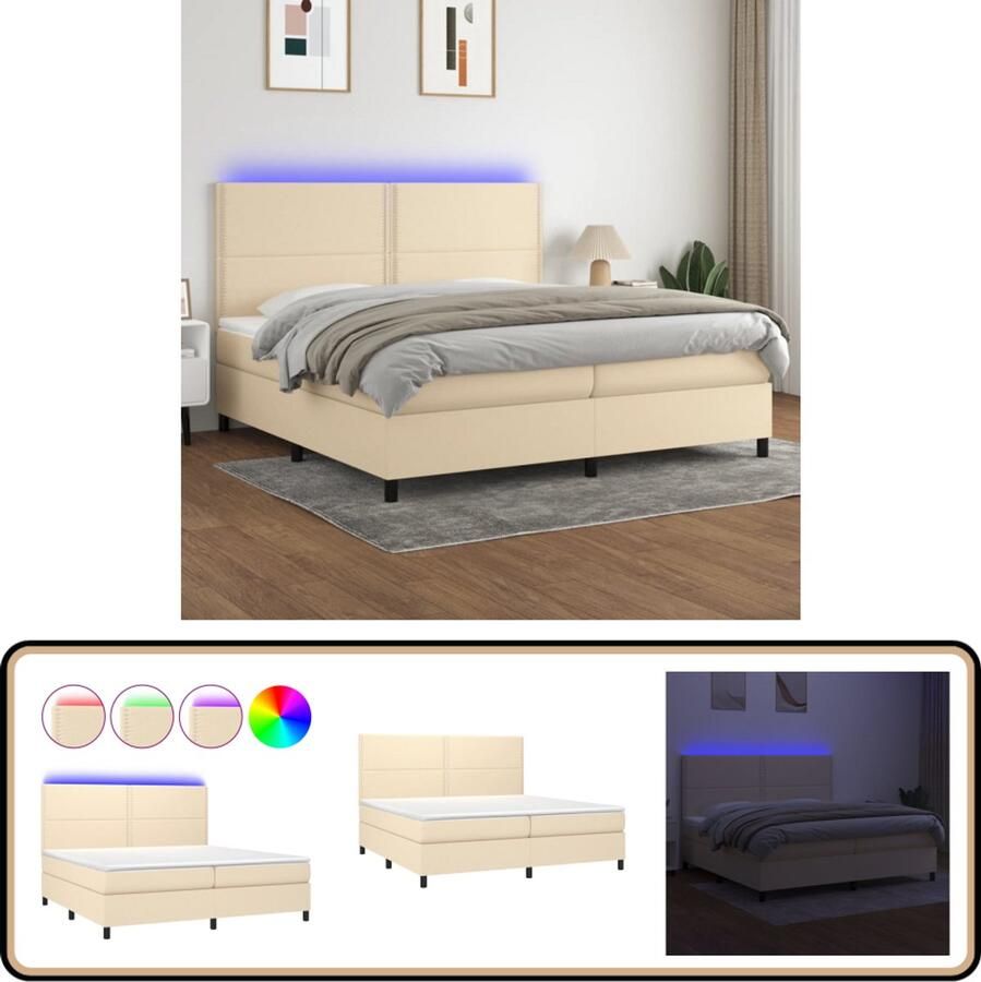 VidaXL Boxspring met LED en matras crèmekleurig 200x200 cm Boxspring Boxsprings Led Boxspring Creme Boxspring Slaapcomfort Pocketed Spring Mattress Adjustable Headboard Bedroom Furniture