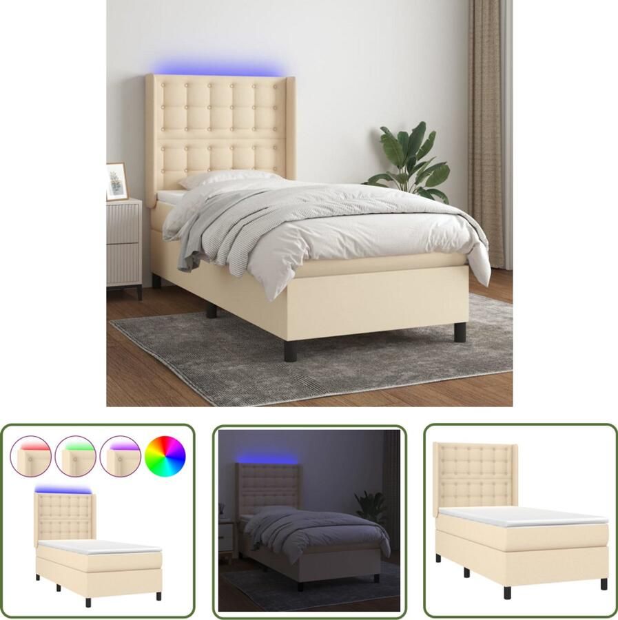 VidaXL Boxspring met LED en matras crèmekleurig Boxspring Led Bed Creme Bed Pocketed Spring Mattress Adjustable Headboard Slaapcomfort