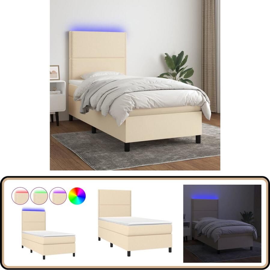VidaXL Boxspring met LED en Matras crèmekleurig Boxspring Led Bed Creme Bed Pocketveer Matras Adjustable Headboard