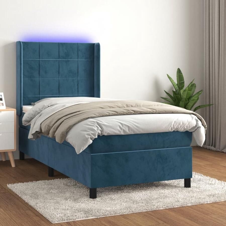 VidaXL Boxspring met LED en Matras Donkerblauw 100x200 cm Boxspring Boxsprings Velvet Bed Dark Blue Bed Adjustable Headboard Led Lighting Pocket Spring Mattress Skin Friendly Topper Usb Charging - Foto 2