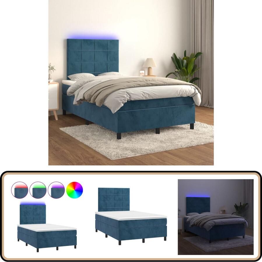VidaXL Boxspring met LED en matras Donkerblauw 120x200 cm Boxspring Donkere Kleuren Led Lamp Velvet Verstelbare Hoofdbord