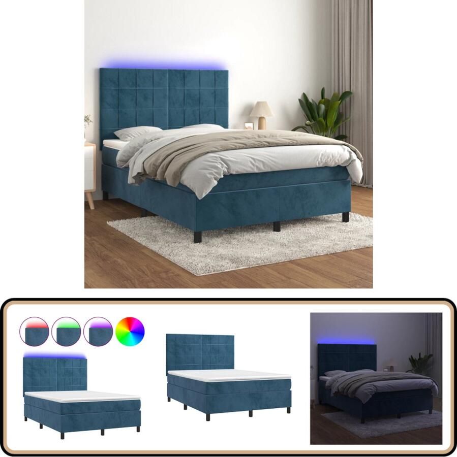 VidaXL Boxspring met LED en matras Donkerblauw 140x200 cm Boxspring Fluweel Bed Verstelbare Hoofdbord Led Lampen Slaapcomfort