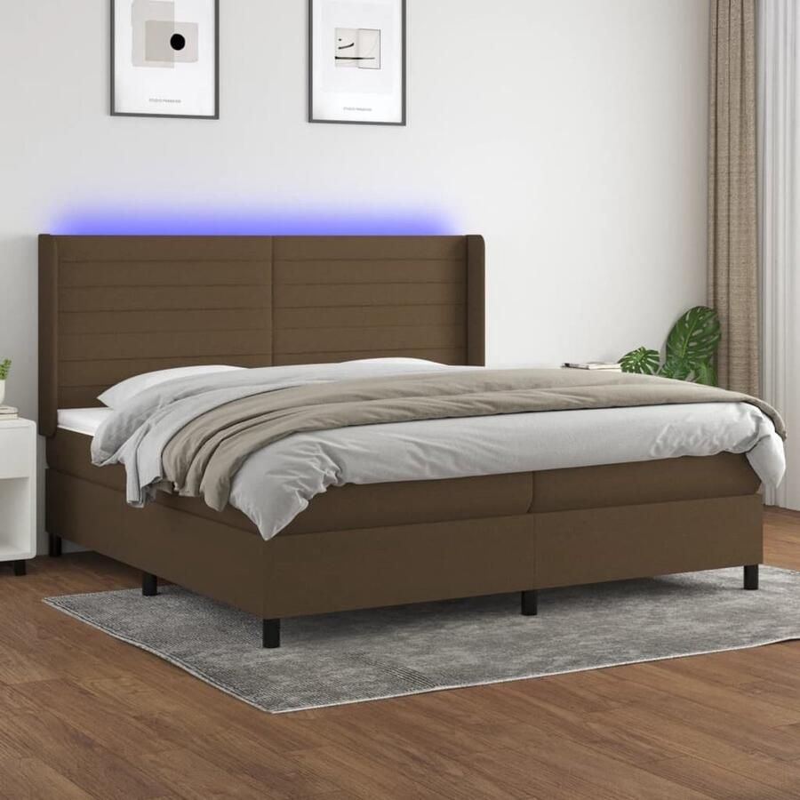 VidaXL Boxspring met LED en Matras Donkerbruin 200x200 cm Boxspring Led Boxspring Bruine Boxspring Tweepersoons Boxspring Pocketed Spring Mattress Lederlook Boxspring - Foto 2