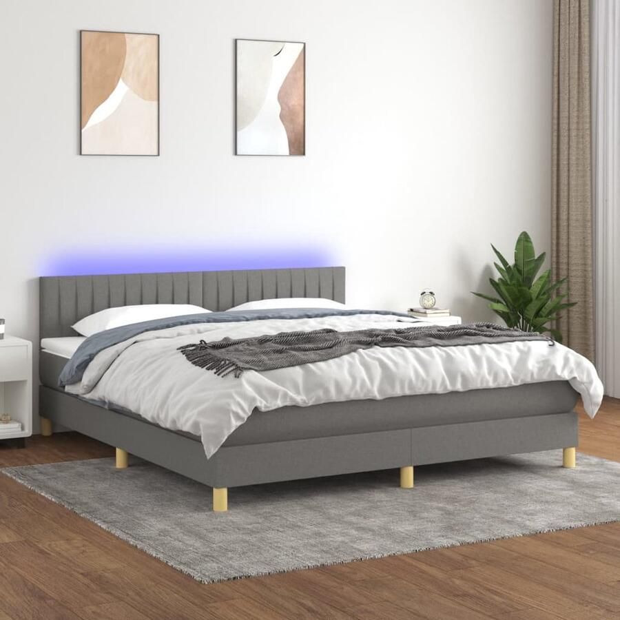 VidaXL Boxspring met LED en Matras Donkergrijs 160x200 cm Boxspring Donkere Kleuren Led Lampen Slaapcomfort Pocketvering Matras Hoofdbord Design Bed - Foto 2