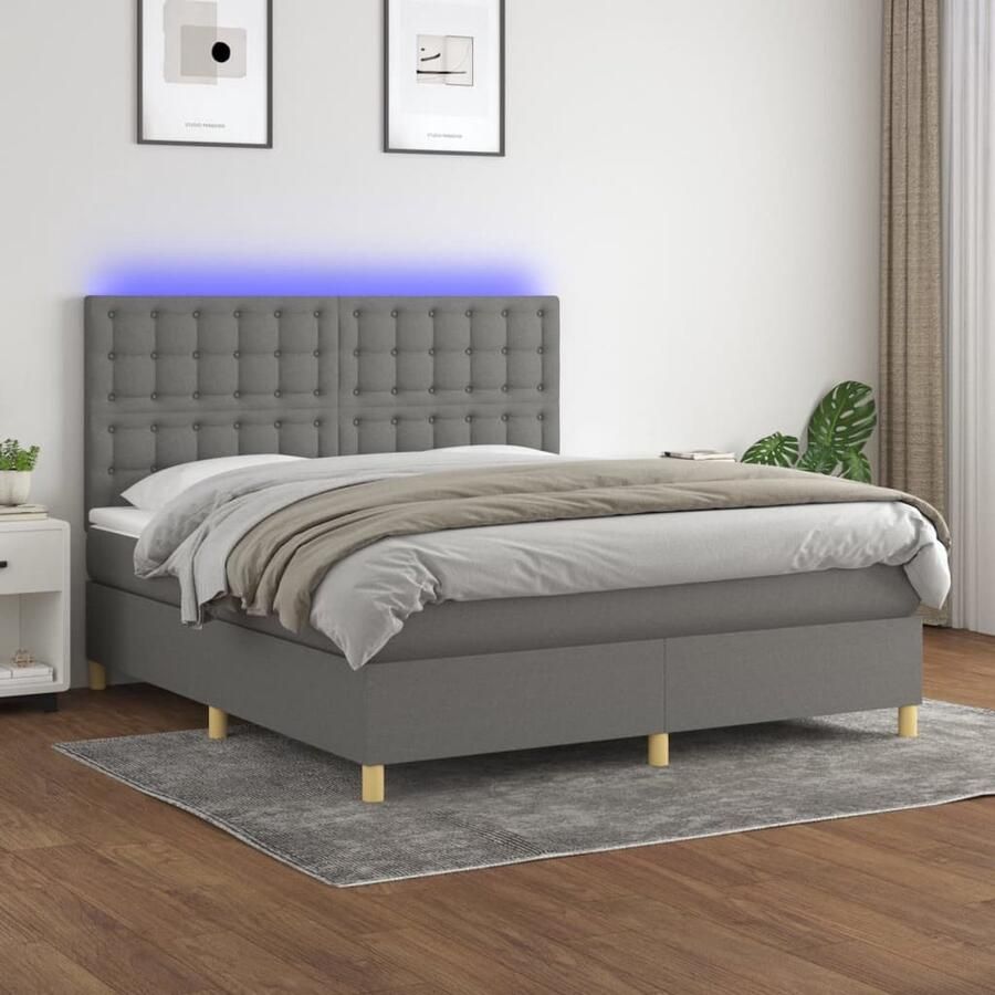 VidaXL Boxspring met LED en matras Donkergrijs 160x200 cm Boxspring Led Lamp Pocketvering Matras Donkere Kleuren Slaapcomfort Hoofdbord Frame Bed Bedroom Decor - Foto 2