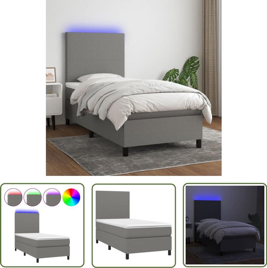 VidaXL Boxspring met LED en matras Donkergrijs 90x190 cm Boxspring Donkere Kleuren Led Lampen Pocketed Veren Slaapcomfort Slaapkamers