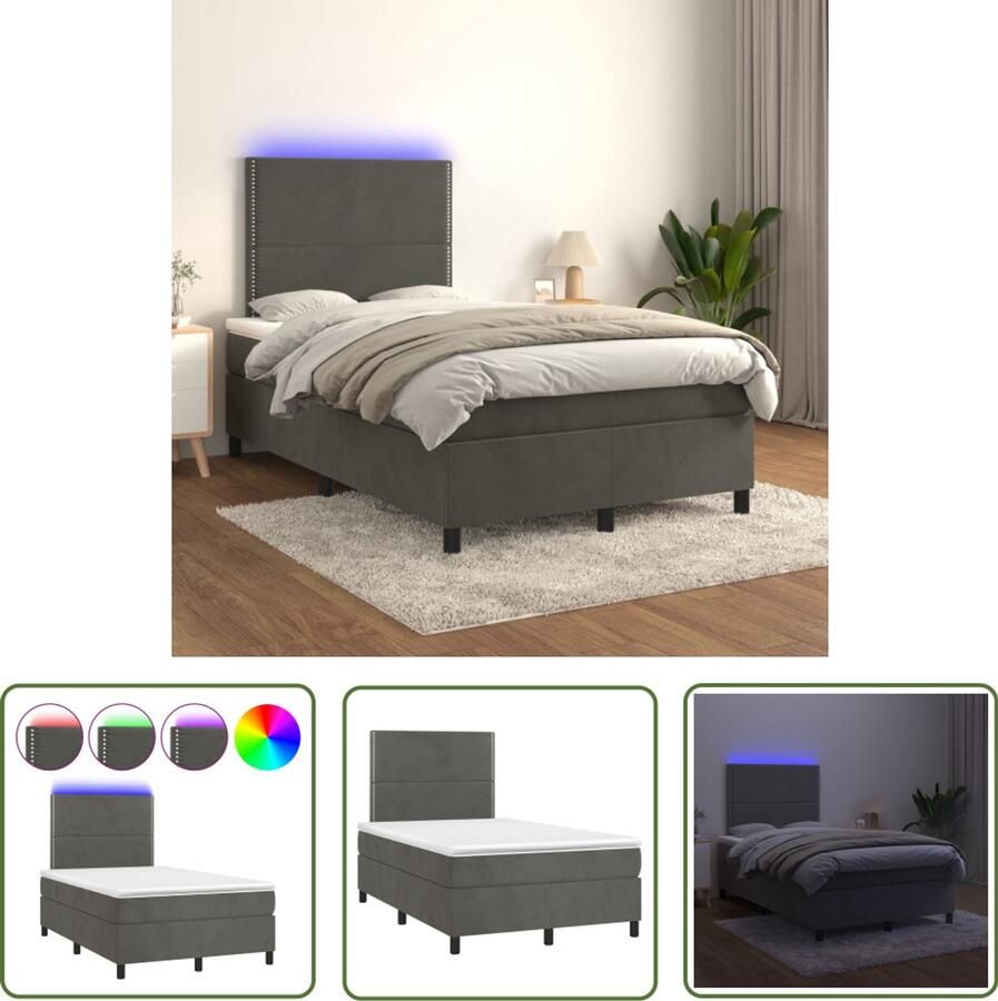 VidaXL Boxspring Met LED en Matras Donkergrijs Boxspring Bed Fluweel Bed Led Bed Tweepersoons Bed Grijs Bed King Size Bed