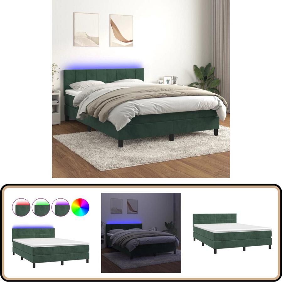 VidaXL Boxspring met LED en Matras Donkergroen 140x200 cm Boxspring Bed Donkere Groent Fluweel Verstelbare Hoofdbord Led Verlichting