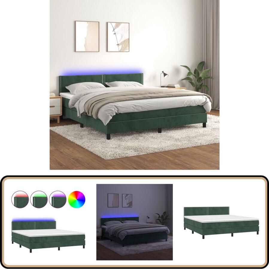 VidaXL Boxspring met LED Fluweel Donkergroen 180x200 cm Boxspring Velvet Bed Slaapcomfort Led Lamp Pocketed Spring Mattress Adjustable Headboard Bedroom Furniture