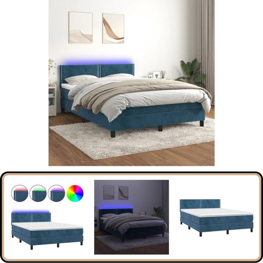 VidaXL Boxspring met LED en Matras Fluweel 140x190 cm Boxspring Bed Donkere Blauwe Boxspring Velvet Boxspring Led Boxspring Slaapcomfort Slaapkamersdecoratie