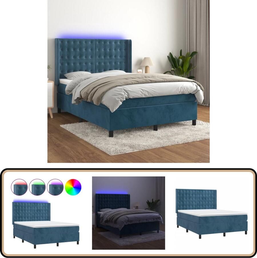 VidaXL Boxspring met LED en matras Fluweel 140x190 cm Boxspring Donkere Blauwe Boxspring Velvet Boxspring Pocketveer Matras Led Lampje Hoofdbord Slaapcomfort