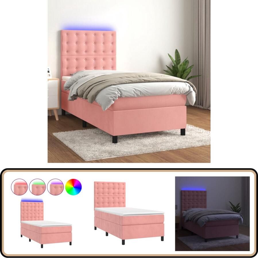 VidaXL Boxspring met LED en Matras Fluweel Roze 100x200 cm Boxspring Velvet Bed Rooskleurig Bed Led Bed Tweepersoonsbed Slaapcomfort