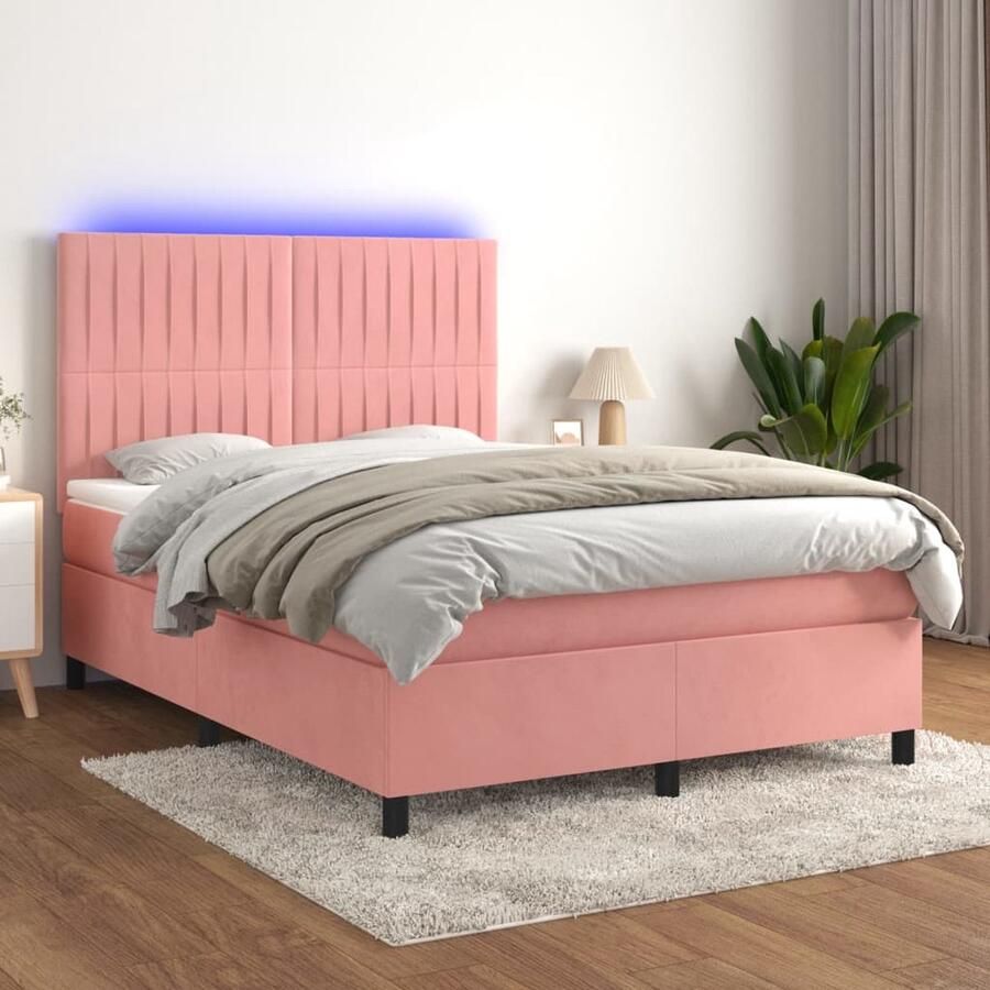 VidaXL Boxspring met LED en Matras Fluweel Roze 140x190 cm Boxspring Rozenkleurig Bed Velvet Bed Led Bed Tweepersoonsbed Slaapcomfort Luxe Bed Kamerdecoratie - Foto 2