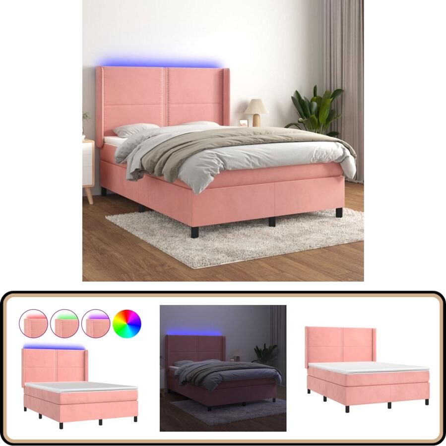 VidaXL Boxspring Fluweel Roze 140x190 cm Boxspring Bed Frame Velvet Bed Rooskleurig Bed Led Bed Adjustable Headboard Pocketed Spring Mattress Topper