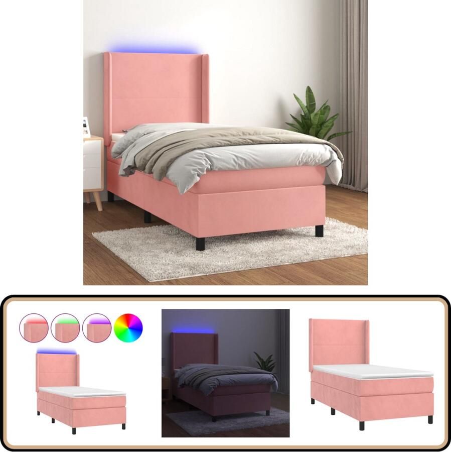 VidaXL Boxspring met LED en matras Fluweel Roze Boxspring Bed Fluweel Bed Led Bed Pocketed Spring Mattress Roze Bed