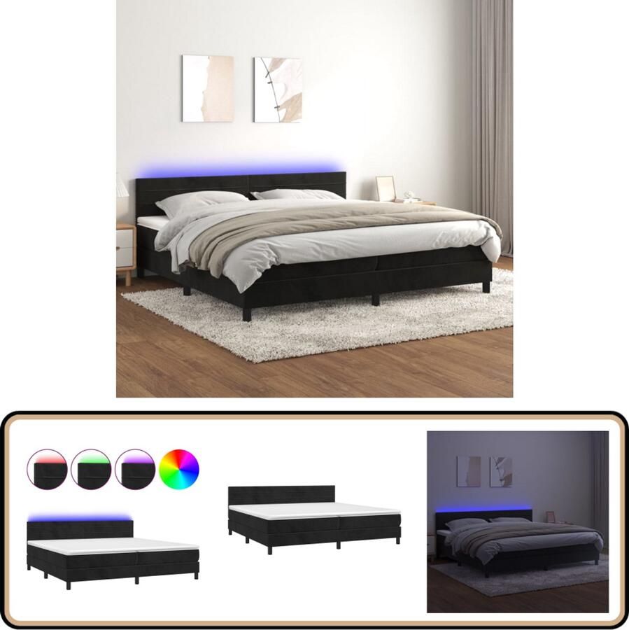 VidaXL Boxspring met LED en matras Fluweel Zwart 200x200 cm Boxspring Fluweel Bed Zwarte Boxspring Elektrisch Verstelbare Bed Led Lampen Bed Pocketed Veren Matras Luxe Bed