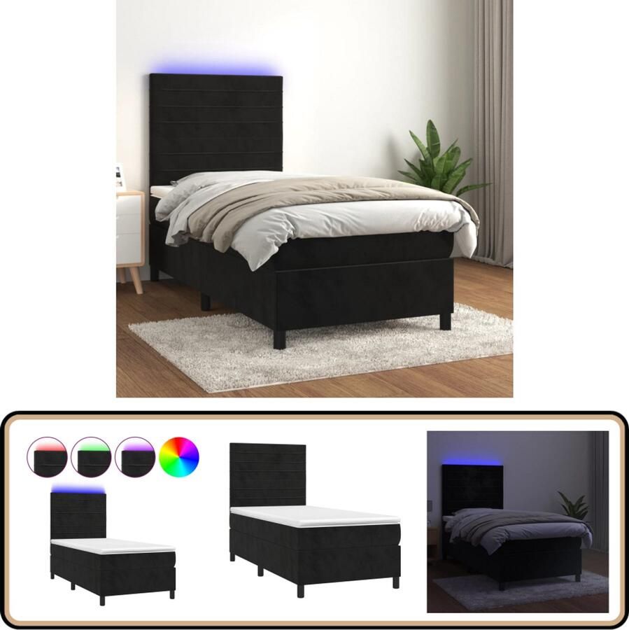 VidaXL Boxspring met LED en matras Fluweel Zwart 80x200 cm Boxspring Bed Velvet Bed Led Lampje Bed Hoofdbord Bed Pocketveer Matras Slaapcomfort