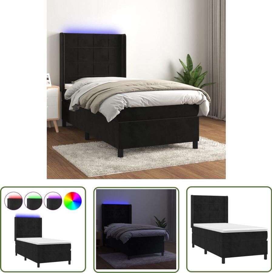VidaXL Boxspring met LED en Matras Fluweel Zwart 80x200 cm Boxspring Fluweel Bed Zwarte Boxspring Led Boxspring Met Lampjes Tweepersoons Boxspring King Size Boxspring