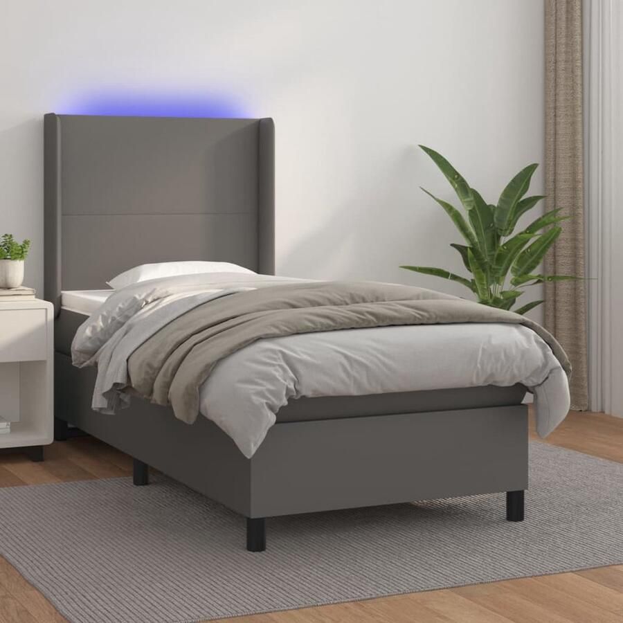 VidaXL Boxspring Grijs Kunstleer 90x200 cm Boxspring Bed Boxsprings Leder Look Bed Led Lampje Bed Elektrisch Bed King Size Bed Tweepersoons Bed Slaapkamer Meubilair - Foto 2