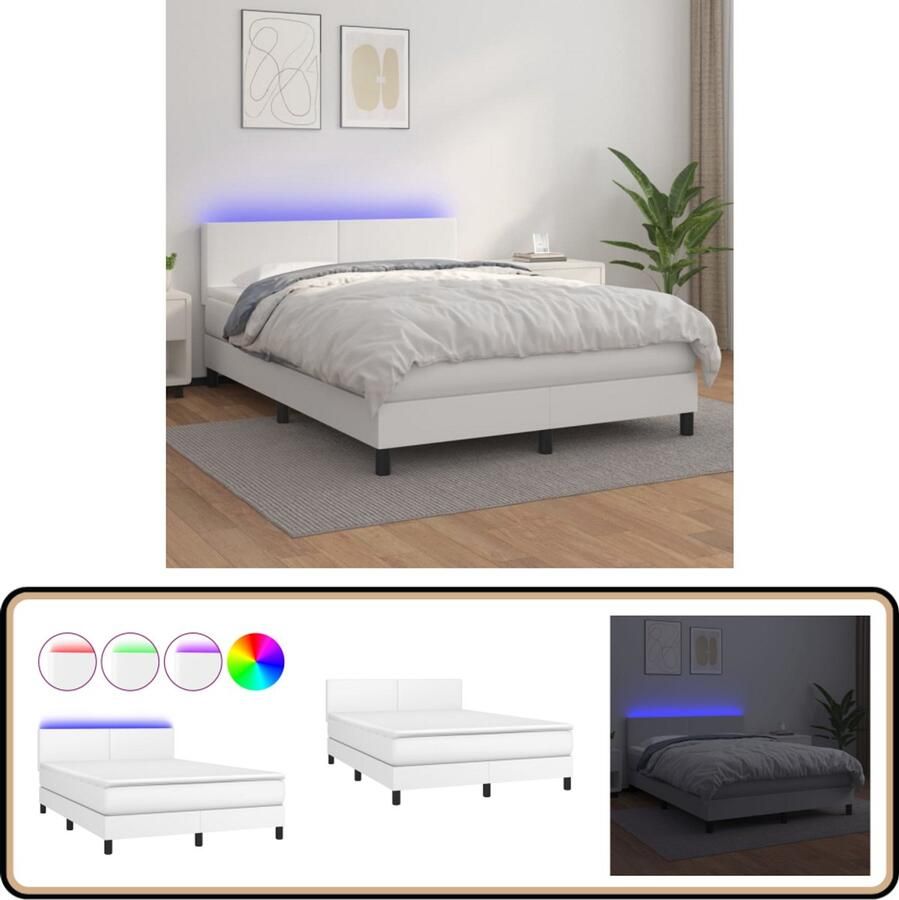 VidaXL Boxspring Met LED en Matras Kunstleer Wit Boxspring Bed Led Bed Kunstleder Bed Elektrisch Verstelbare Hoofdbord Pocketveer Matras