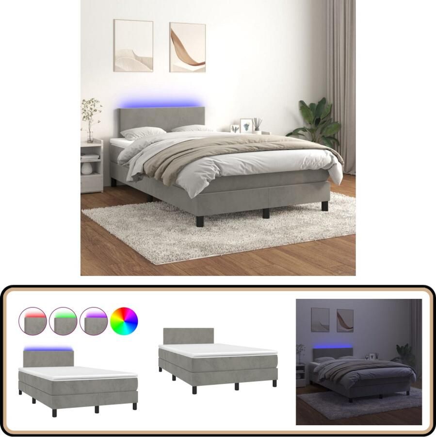 VidaXL Boxspring met LED en matras Lichtgrijs 120x200 cm Boxspring Led Boxspring Fluweel Bed Tweepersoons Bed Slaapcomfort Slaapkamers