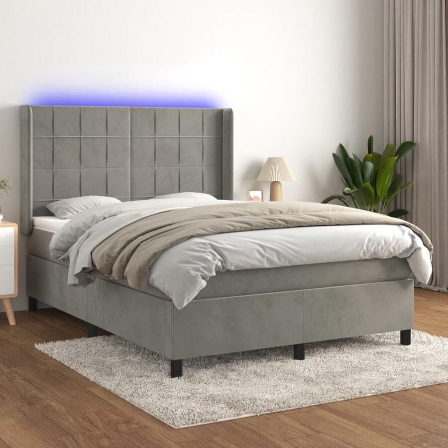VidaXL Boxspring met LED en matras Lichtgrijs 140x190 cm Boxspring Bed Led Bed Fluweel Bed Verstelbare Hoofdbord Pocketveer Matras Huidgevend Topmatras - Foto 2