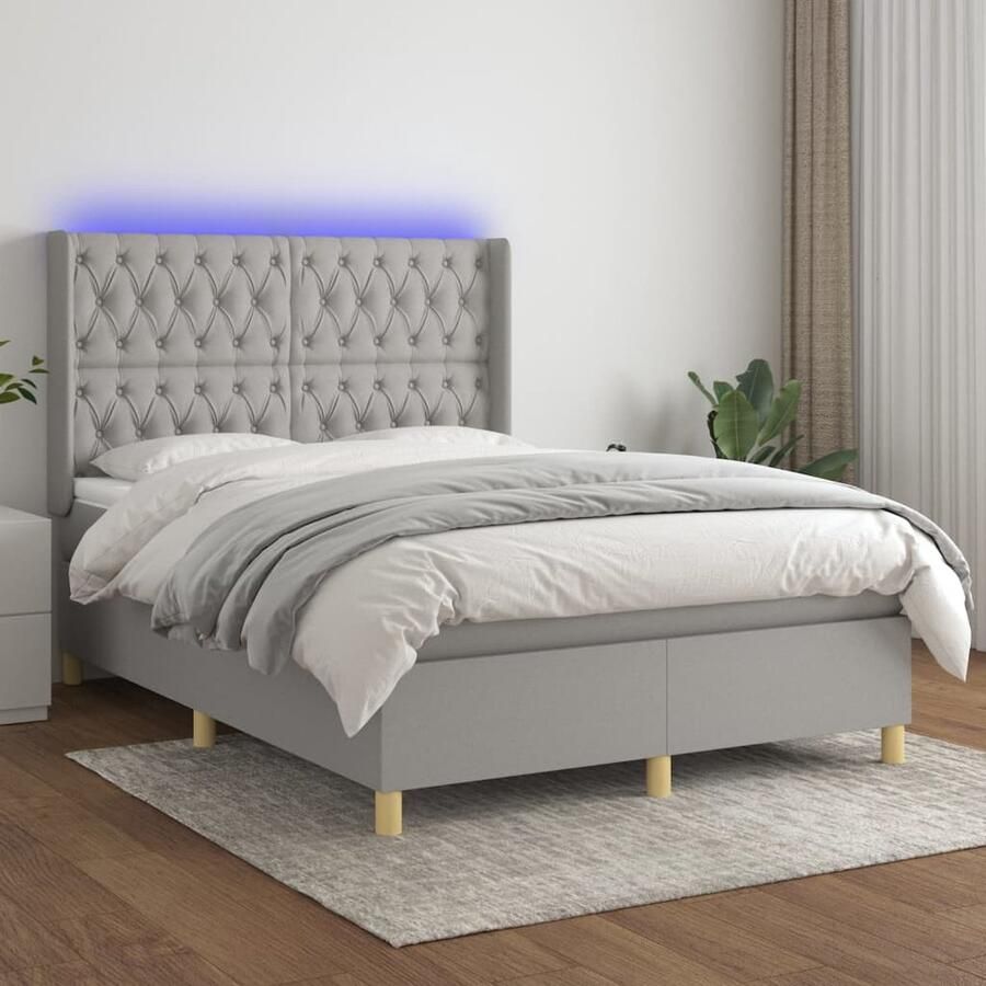 VidaXL Boxspring met LED en matras Lichtgrijs 140x190 cm Boxspring Led Bed Slaapcomfort Pocketed Veren Lederlook Design Bed Tweepersoonsbed Grijs Bed - Foto 2