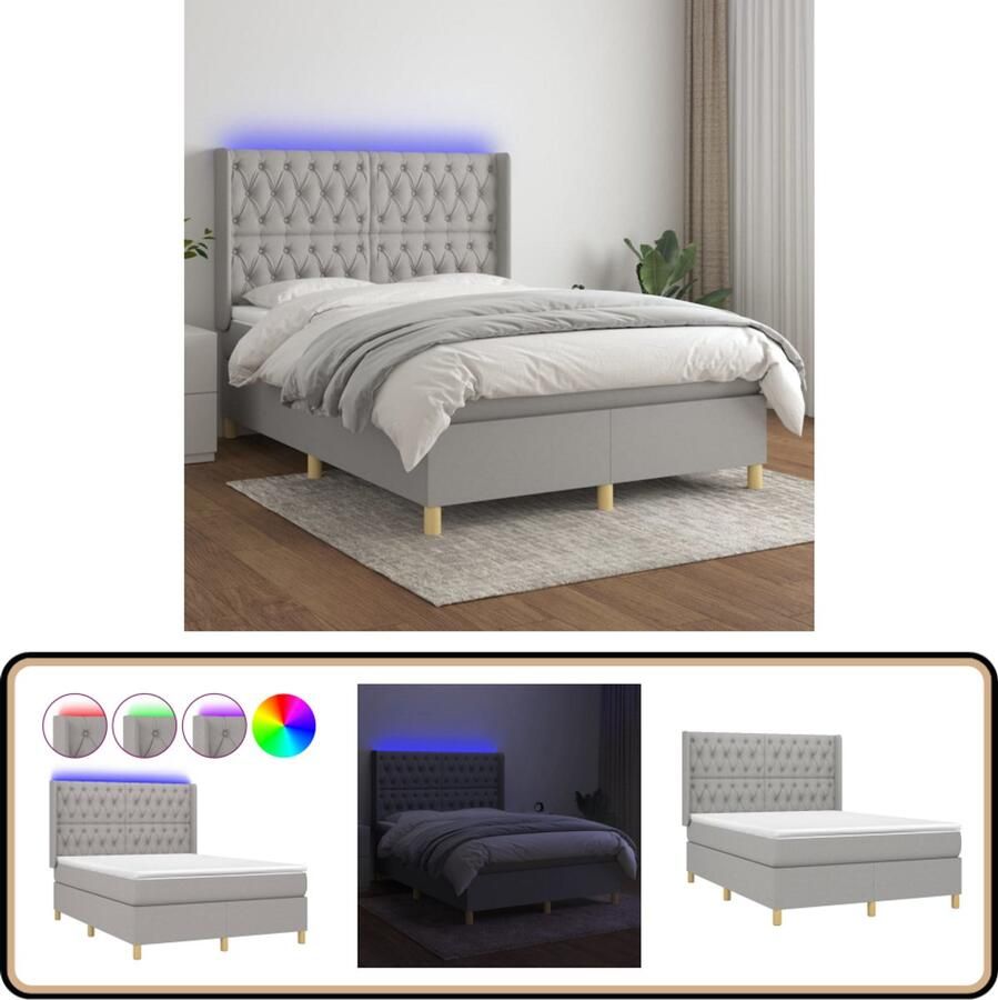 VidaXL Boxspring met LED en matras Lichtgrijs 140x190 cm Boxspring Led Bed Slaapcomfort Pocketed Veren Lederlook Design Bed Tweepersoonsbed Grijs Bed