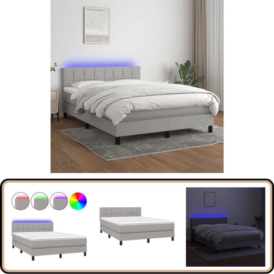 VidaXL Boxspring met LED en Matras Lichtgrijs 140x190 cm Boxspring Led Bed Slaapcomfort Pocketed Spring Mattress Adjustable Headboard