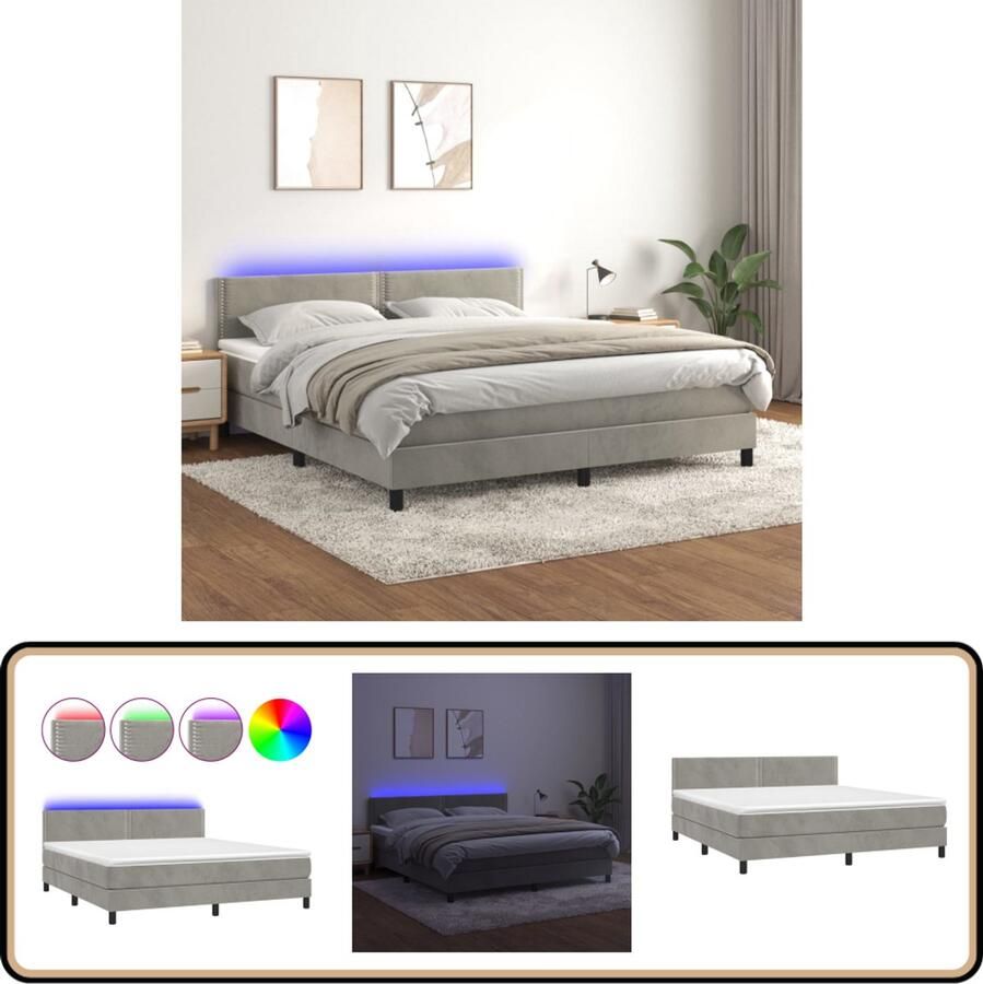 VidaXL Boxspring met LED en Matras Lichtgrijs 160x200 cm Boxspring Boxsprings Velvet Bed Led Bed Adjustable Headboard