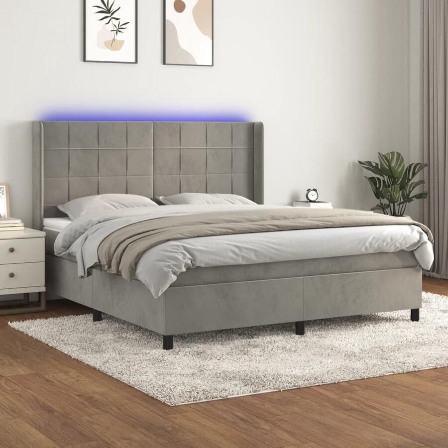 VidaXL Boxspring met LED en Matras Lichtgrijs 160x200 cm Boxspring Fluweel Bed Verstelbare Hoofdbord Led Verlichting Pocketveer Matras Luxe Bed Slaapcomfort - Foto 2