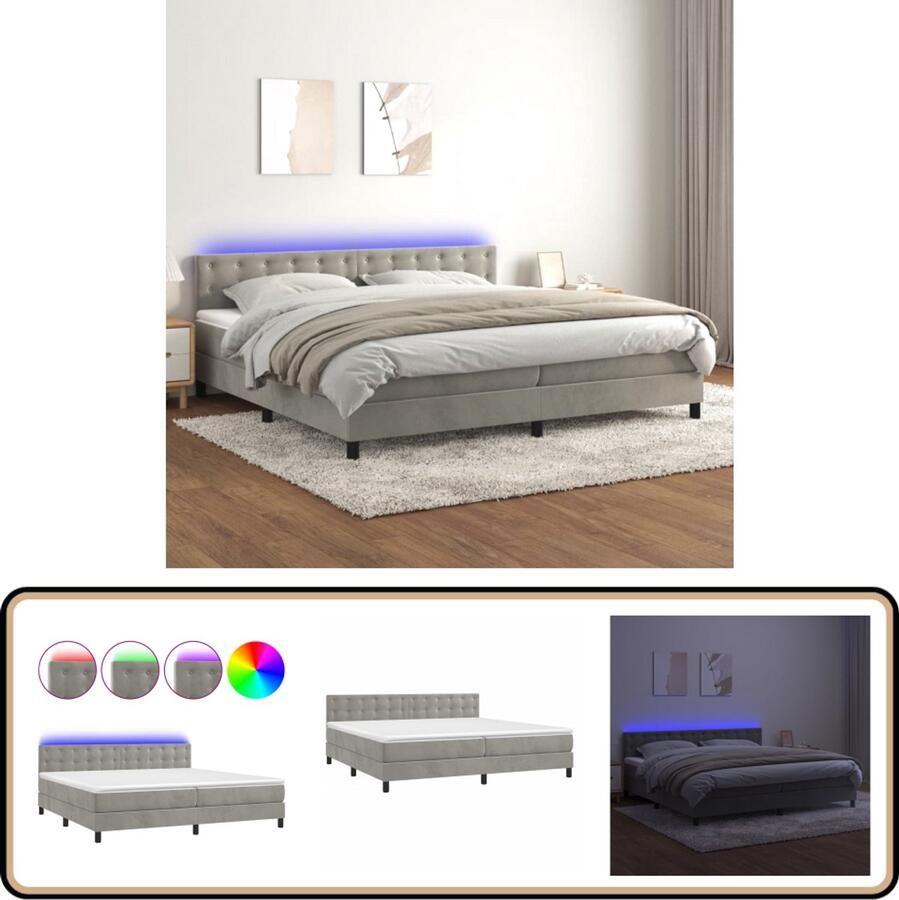 VidaXL Boxspring met LED en matras Lichtgrijs 200x200 cm Boxspring Led Bed Fluweel Bed Tweepersoons Bed King Size Bed