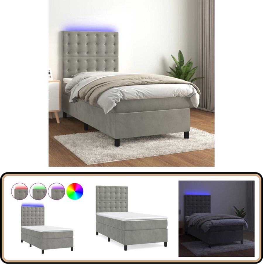 VidaXL Boxspring met LED en matras Lichtgrijs 90x190 cm Boxspring Fluweel Bed Led Bed King Size Bed Tweepersoonsbed