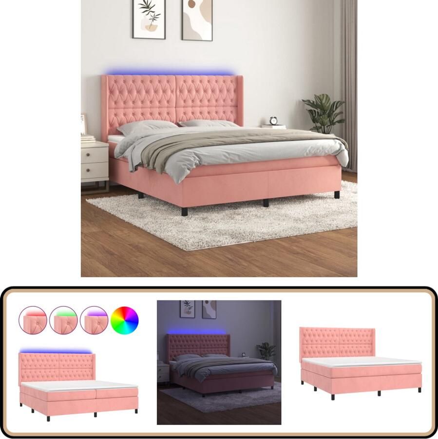 VidaXL Boxspring met LED en Matras Roze 180x200 cm Boxspring Fluweel Bed Rozerood Bed Verstelbare Hoofdbord Led Lamp