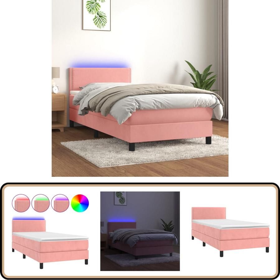 VidaXL Boxspring met LED en matras Roze 90x200 cm Boxspring Bed Fluweel Bed Roze Bed Adjustable Headboard Led Lampje