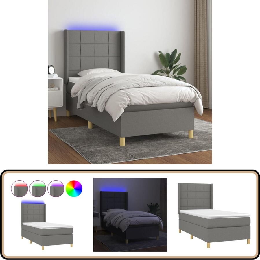 VidaXL Boxspring met LED en Matras Stof 80x200 cm Boxspring Bed Frame Donkere Kleuren Elektrisch Bed Led Lamp Slaapcomfort Pocketed Spring Mattress Verstelbare Hoofdbord