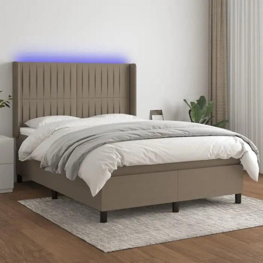 VidaXL Boxspring met LED en matras Taupe 140x190 cm Boxspring Led Bed Tweepersoons Bed Slaapcomfort Taupecalor