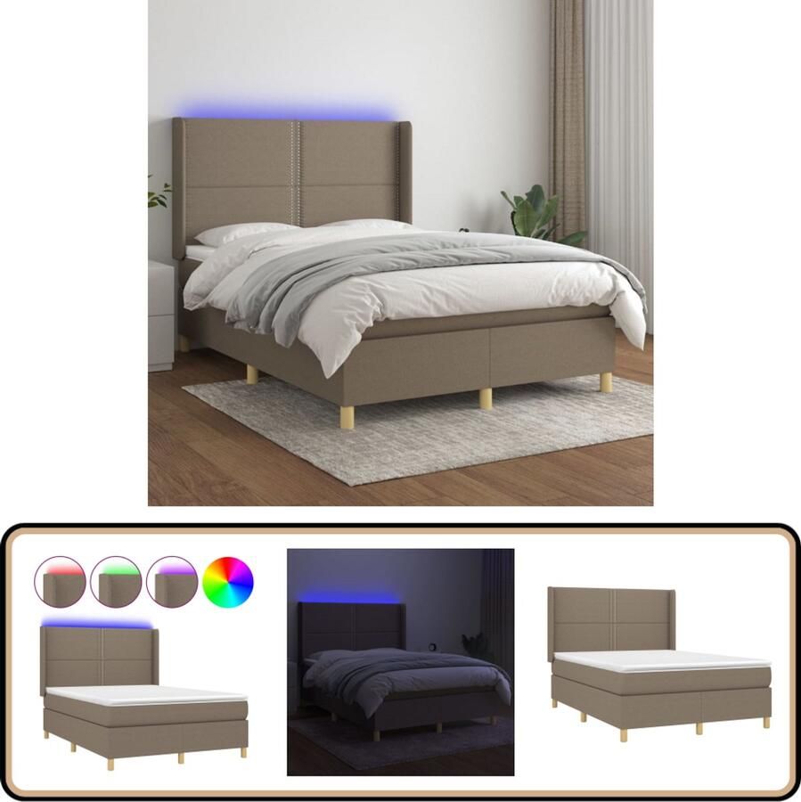 VidaXL Boxspring met LED en Matras Taupe 140x200 cm Boxspring Bed Led Bed Pocketveer Matras Taupe Bed Slaapcomfort
