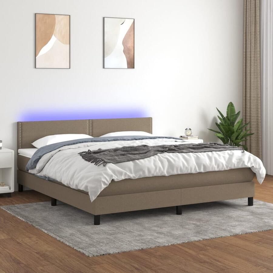 VidaXL Boxspring met LED en Matras Taupe 180x200 cm Boxspring Bed Led Lamp Boxspring Frame Slaapcomfort Taupecouleur Tweepersoons Bed - Foto 2